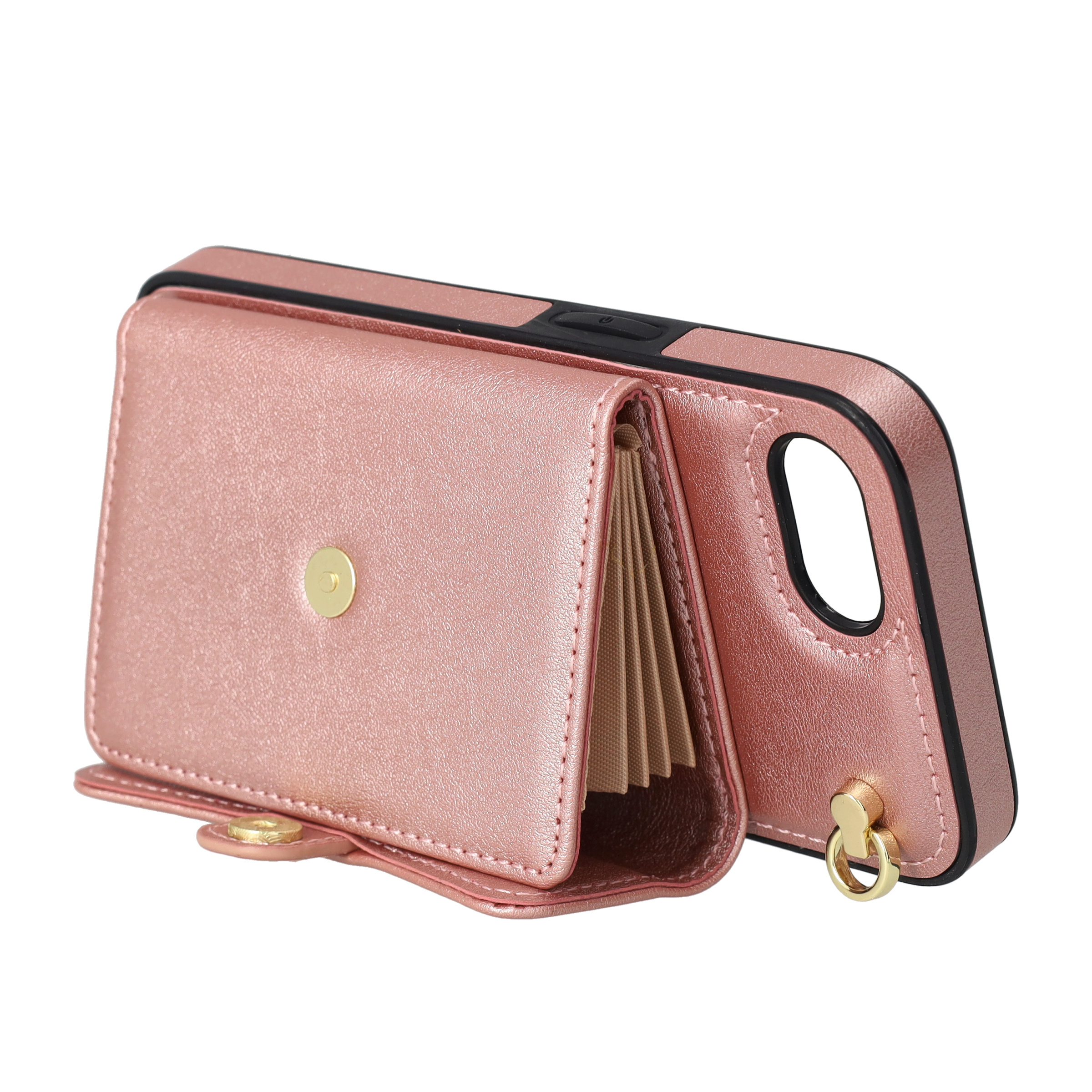 iPhone 16e Necklace Leder Schutz Hülle mit Kartenfach   Handykette (140cm) - Roségold