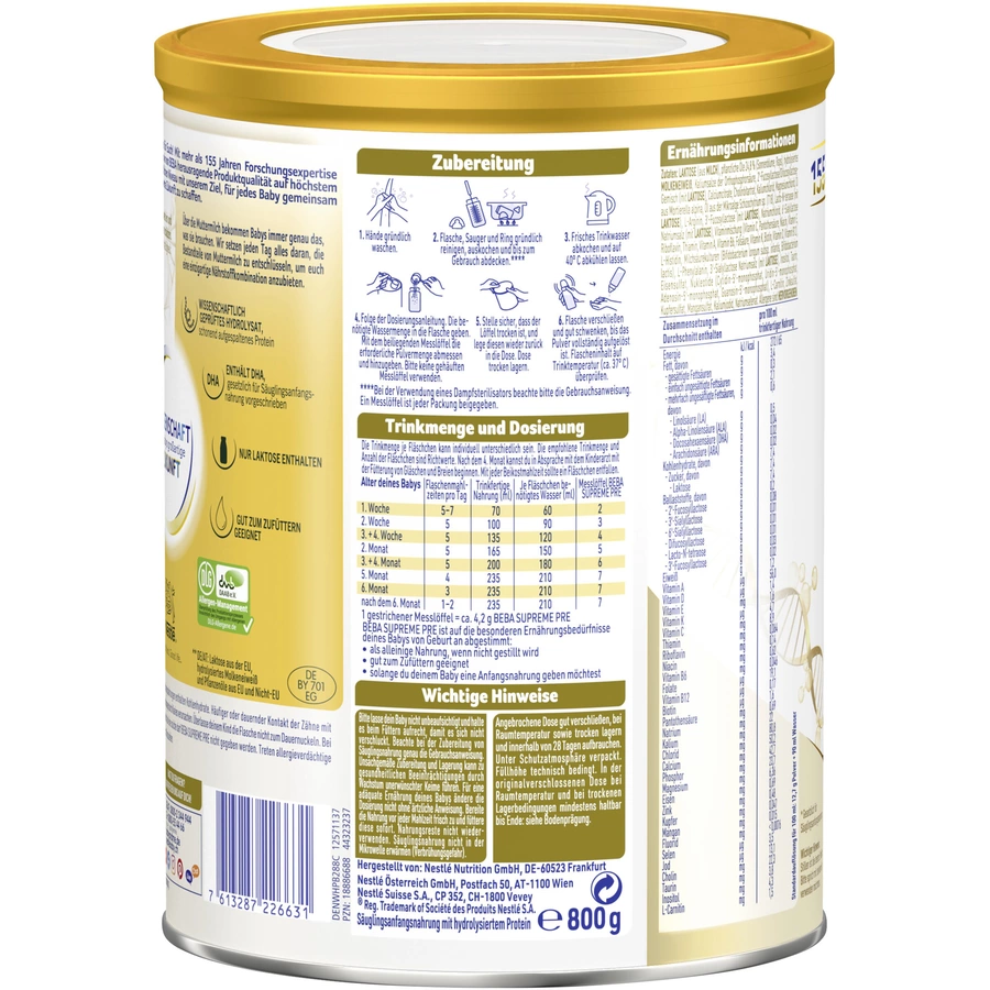 Nestlé BEBA SUPREME PRE Anfangsmilch 6x 800g ab der Geburt