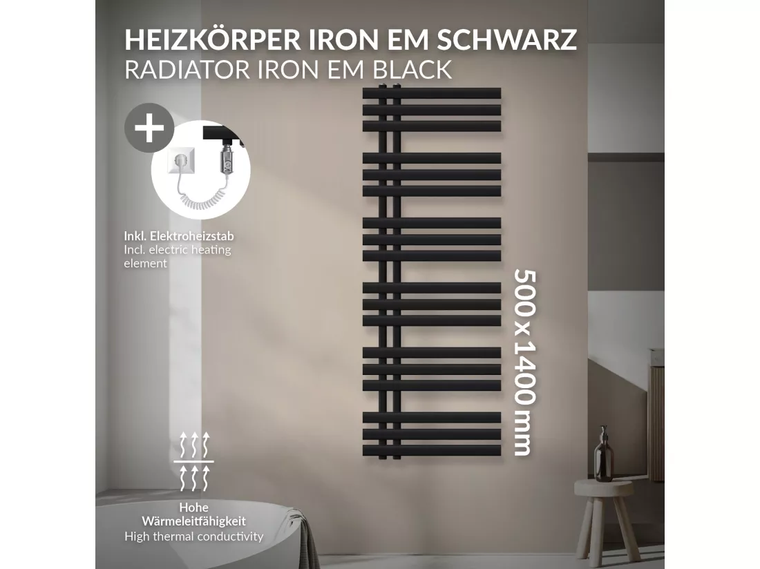 Radiateur sèche-serviettes de salle de bain noir 50x140 cm avec résistance 1200W