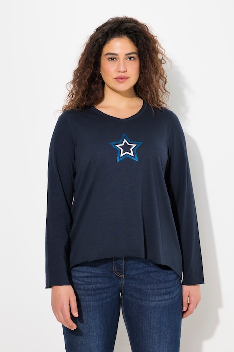 Shirt, Stern, Rollkanten, A-Linie, V-Ausschnitt, Langarm