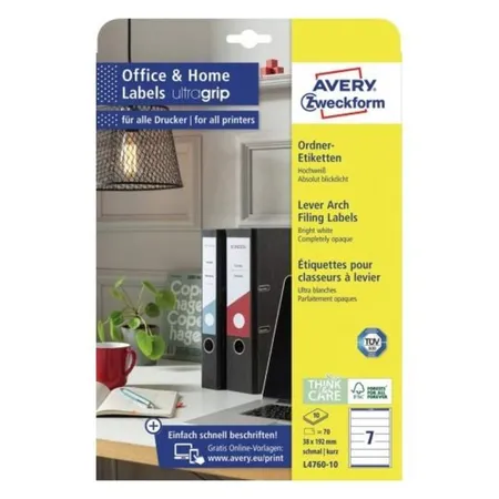 Avery Zweckform L4760-10 Ordnerrücken Etiketten A4, mit ultragrip, 38 x 192 mm, schmal/kurz,10 Bogen/70 Etiketten, weiß