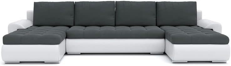 Mebligo - Ecksofa mit Schlaffunktion und Bettkasten Tokio III, Eckcouch aus Kunstleder, Sofa U Form 302x159x89 cm, Couch Wohnzimmer, Ecke Sofa Wohnlandschaft, Schlafsofa Grau/Kunstleder Weiß