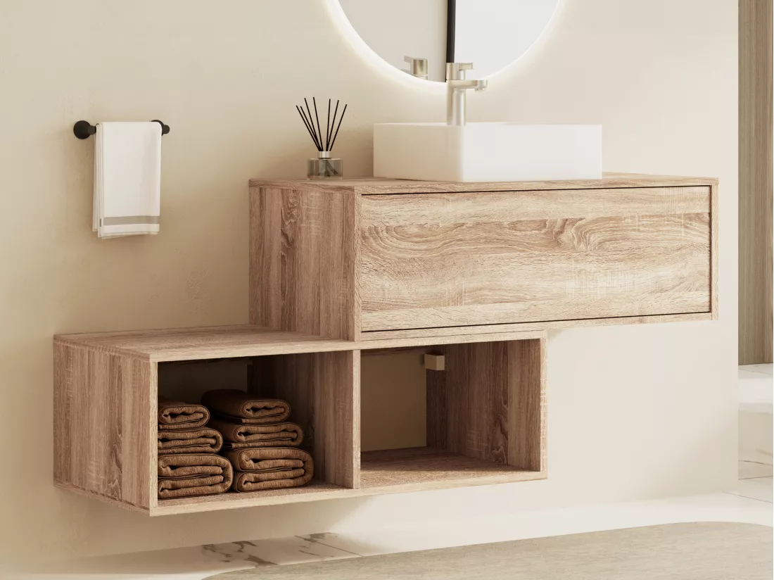 Meuble de salle de bain suspendu naturel clair avec vasque carrée - 1 tiroir et 2 niches - 94 cm - TEANA II