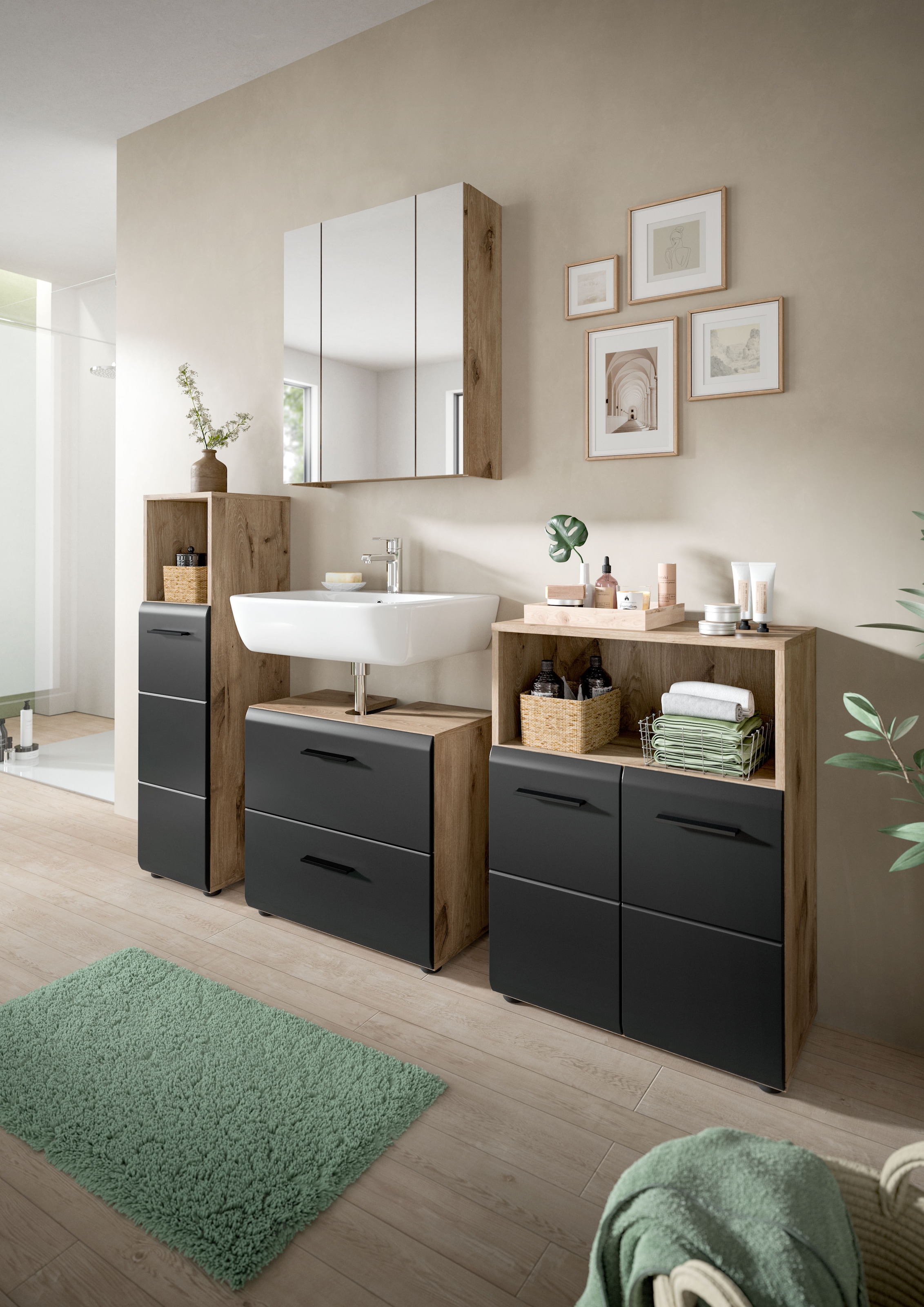 INOSIGN Badmöbel-Set »FLORENZ, TOPSELLER!, 4-teilige Badkombination, hochwertige MDF-Front« Set, Midischrank hoch, WBU, Spiegelschrank, Midischrank breit, 4 Stk. tlg.