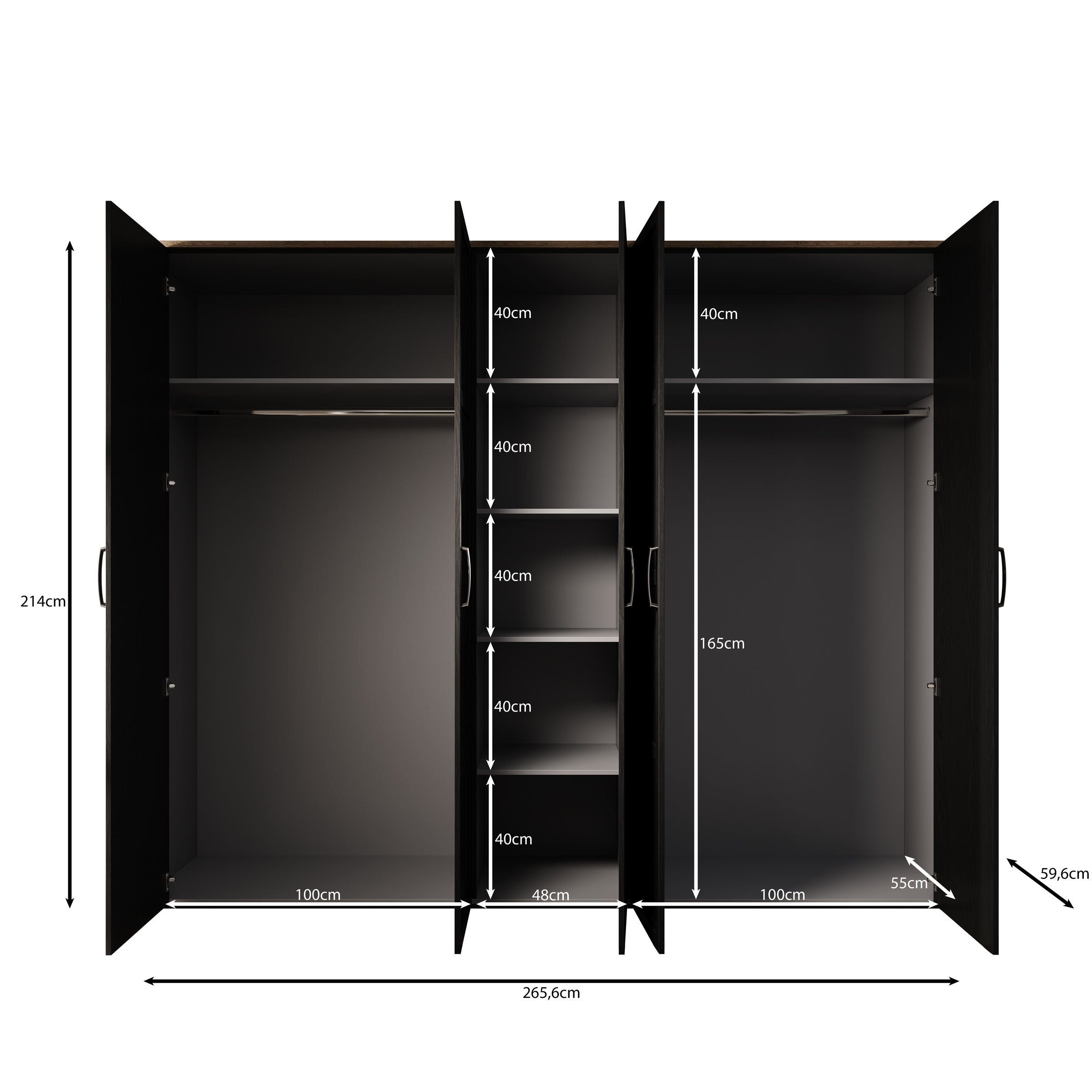 Borello - Kledingkast 5 deurs - Zwart - 266x60x214 cm