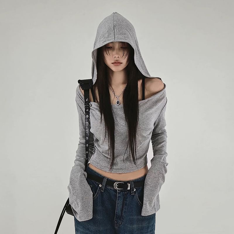 Sugarcoat - Lange mouwen off-shoulder effen top met capuchon