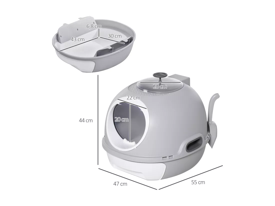 Maison de toilette portable pour chat tiroir à litière coulissant porte battante lucarne + pelle fournis dim. 47L x 55l x 44H cm gris