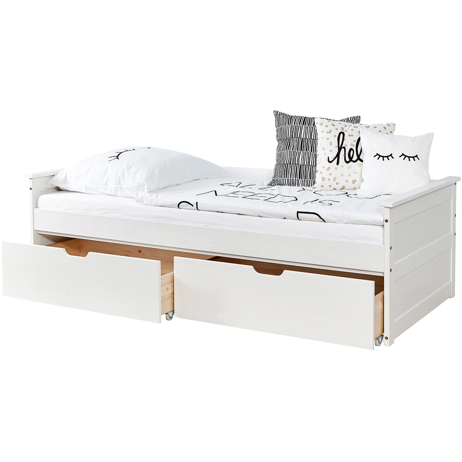 TiCAA Sofabett Theodor 90 x 200 cm Kiefer weiß mit 2 Schubladen