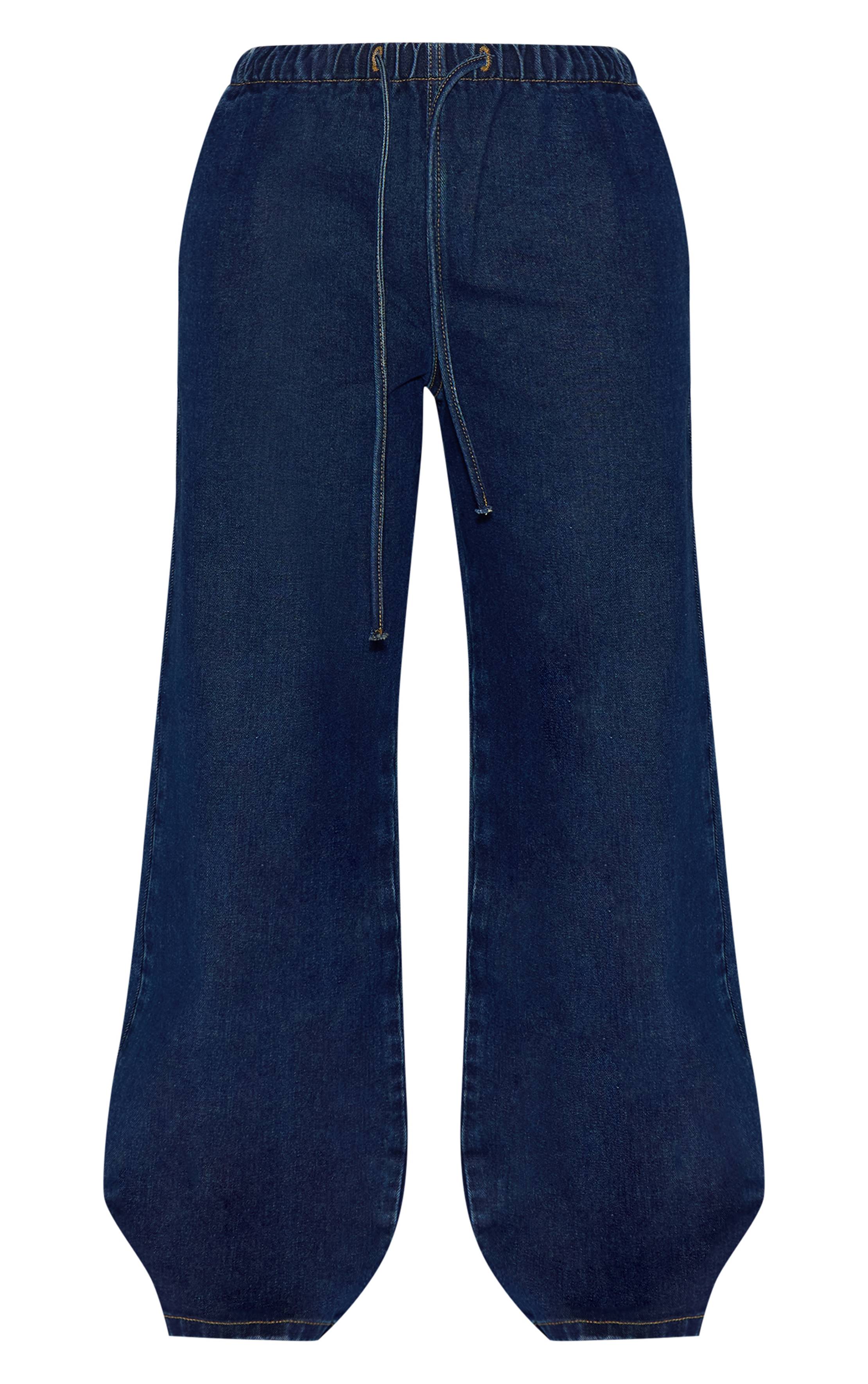 Mid Blue Wash Jean Large Taille Haute Élastiquée Avec Lien En Denim Petite