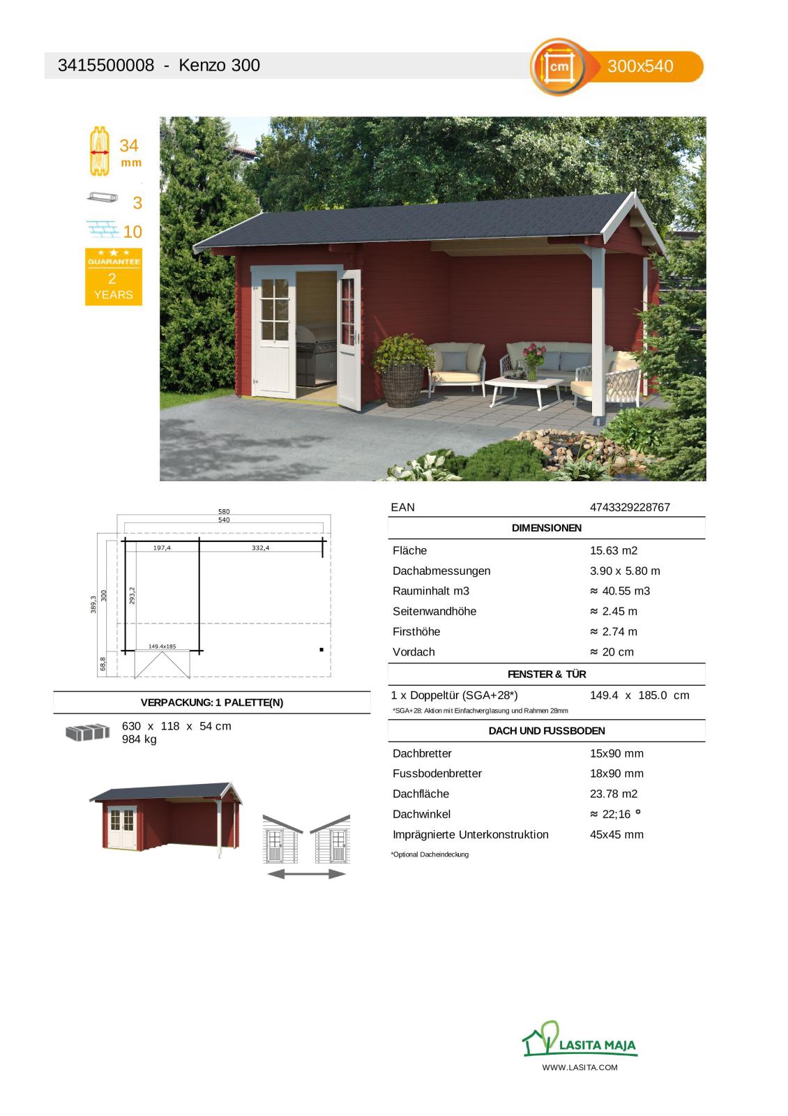 Gartenhaus KENZO - schwedenrot - Fichte massiv - 540x300 cm