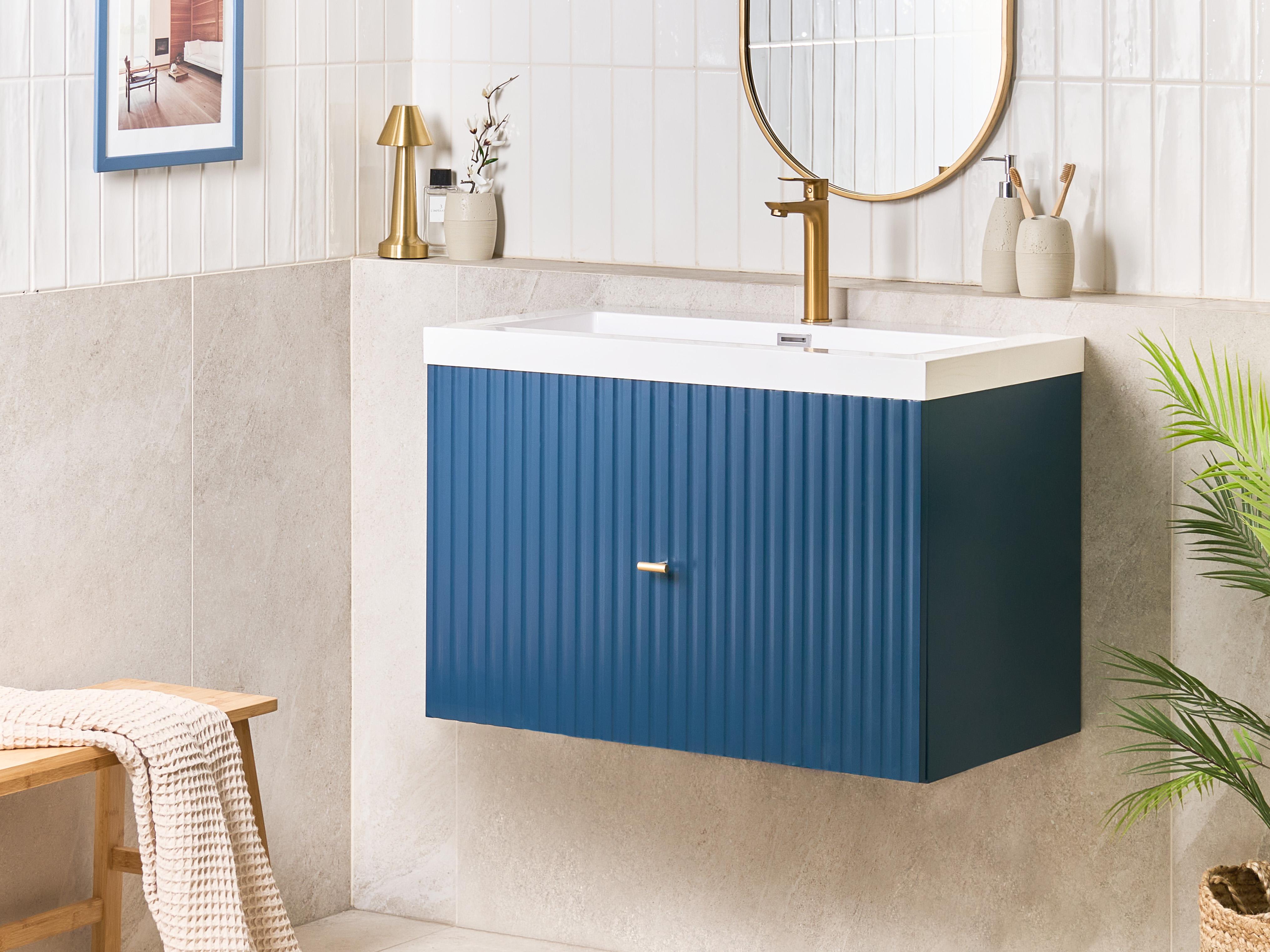 Wandgemonteerd meubel met wastafel met gouden handvat LAGO Donkerblauw