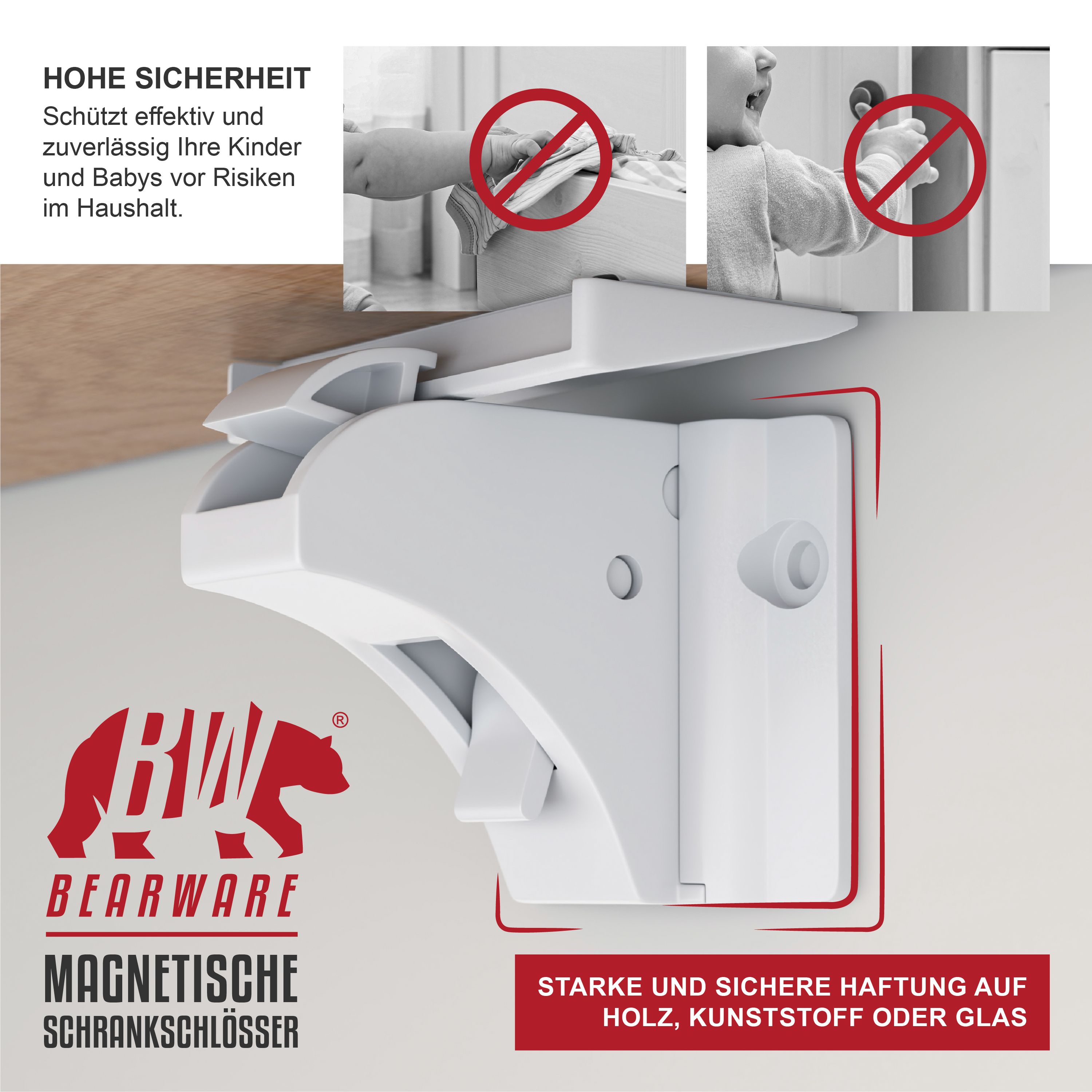 BEARWARE Babysicherung Schrankschloss - Schranksicherung Kindersicherung magnetisch - 10 Schlösser + 2 Magnet Schlüssel