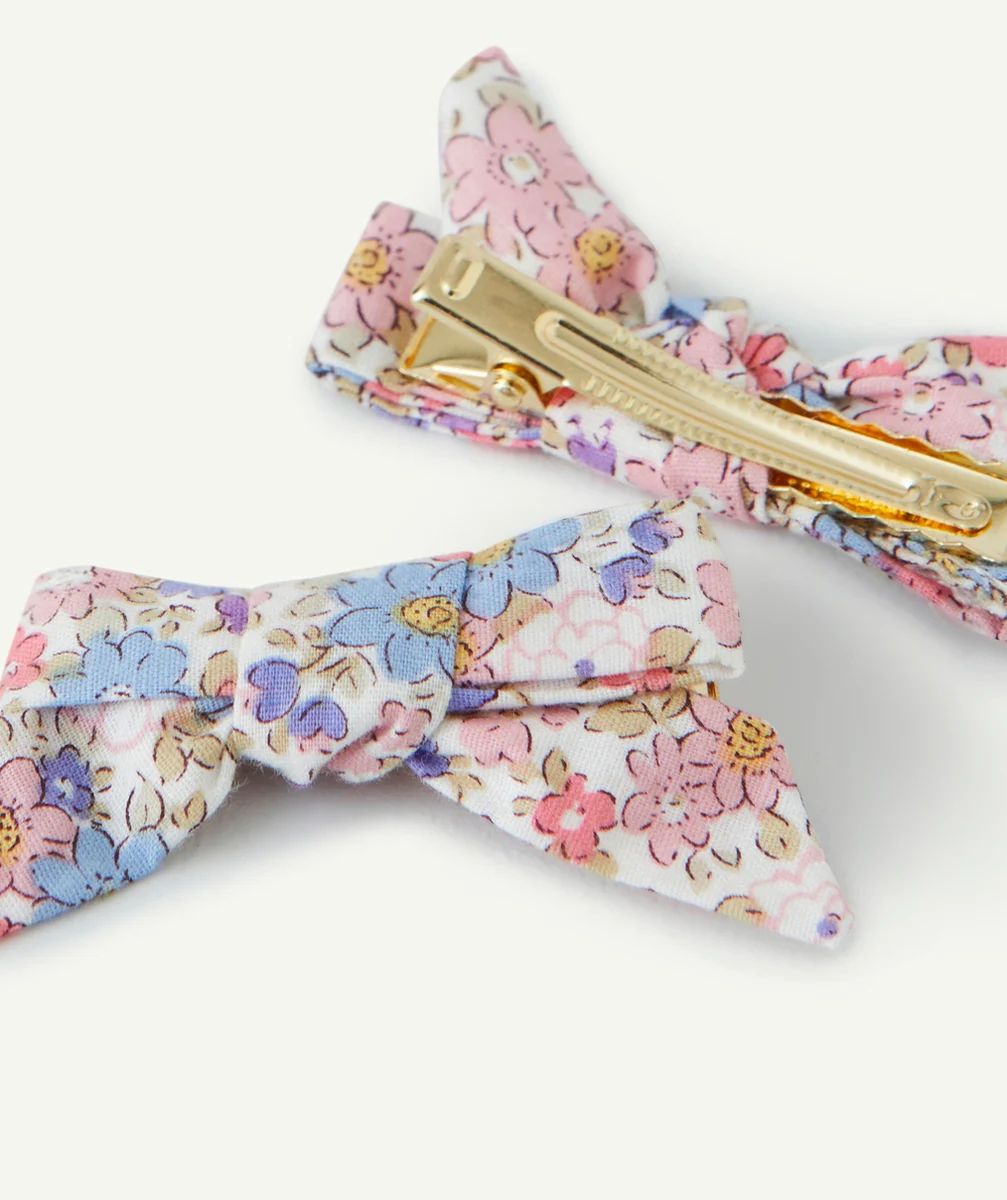 LOT DE 2 BARRETTES BÉBÉ FILLE AVEC NOEUDS IMPRIMÉ FLEURI ROSE