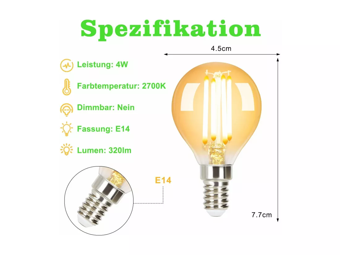 NETTLIFE Pack de 6 Ampoules LED E14 lampe vintage - G45 Rétro 2700K 4W blanc chaud