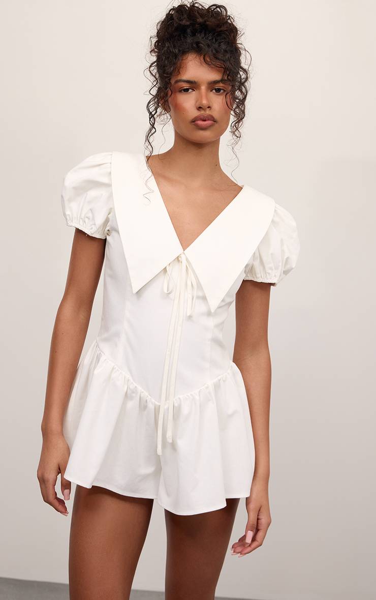 Blanc Combi-short Jupe Tissée À Détail Col