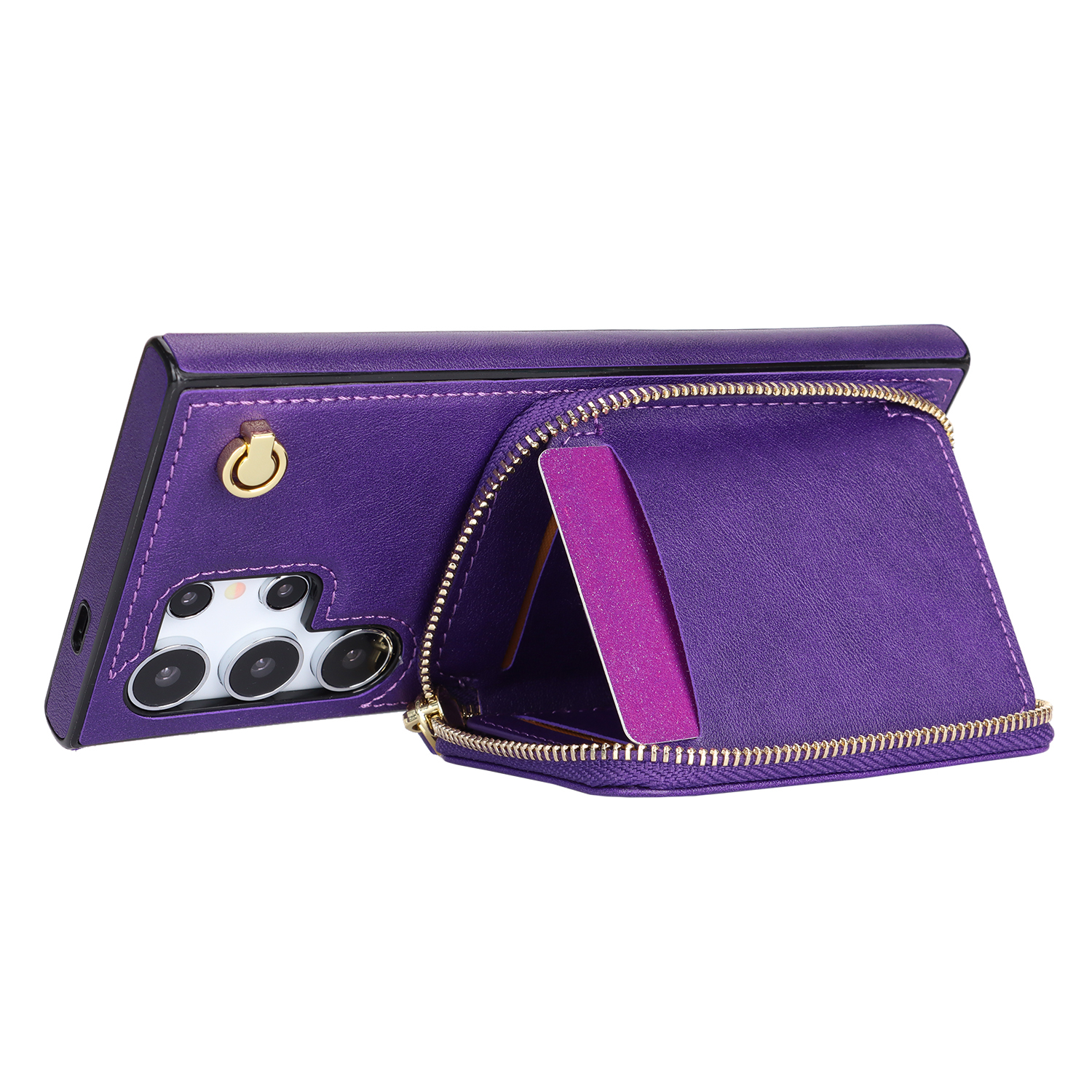 Samsung Galaxy S24 Ultra Necklace Leder Schutz Hülle mit Kartenfächer   Handykette (140cm) - Violett