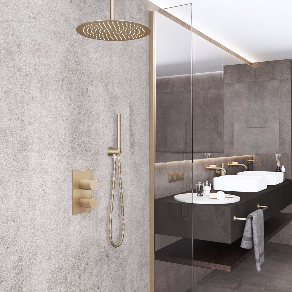 Saniclear Brass inbouw regendouche met plafondarm en 30cm hoofddouche geborsteld messing / mat goud