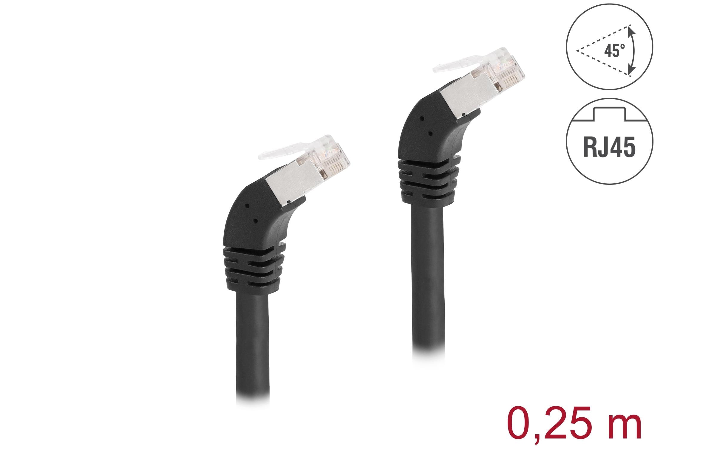 Patchkabel 45° unten gewinkelt Cat 6A, S/FTP, 0.25 m SchwarzDelock RJ45 Netzwerkkabel Cat.6A S/FTP 45° nach unten gewinkelt 0.25 m schwarz