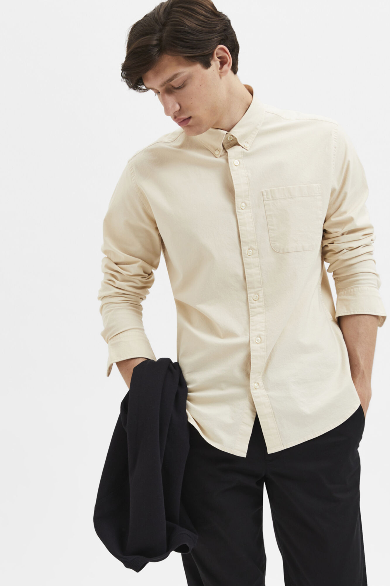 Camisa de manga comprida com bolso, 100% algodão - Marrom