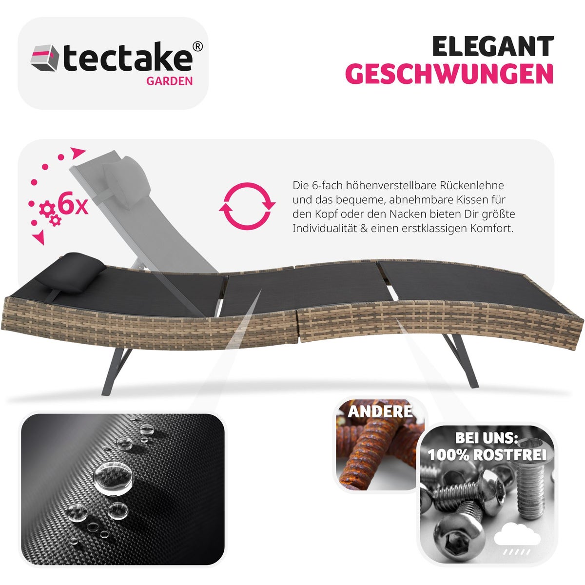 Rotan ligstoel tectake Moana, duurzaam en UV-bestendig, 69 x 211 x 41 - 94 cm