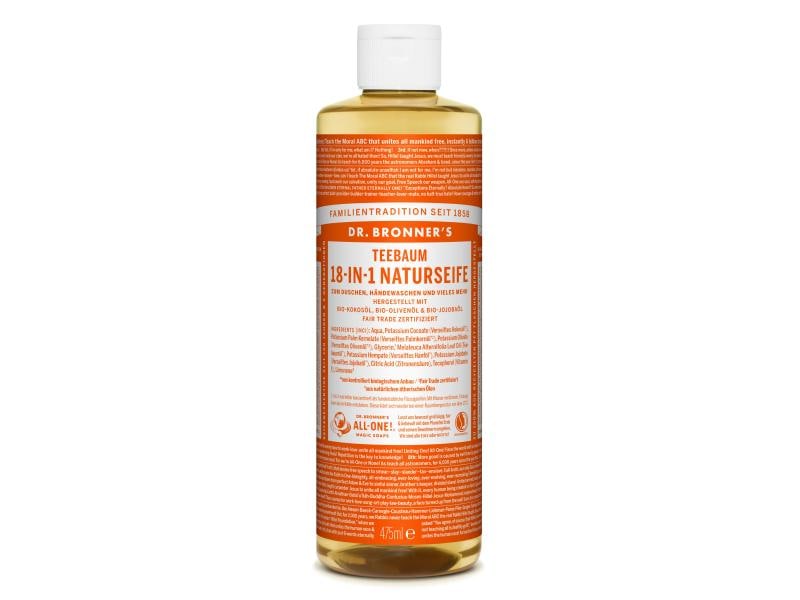 Dr.Bronner's Flüssigseife Teatree 18-In-1 475 ml Natürliche Fair Trade Pflegeseife mit Teebaumöl gegen Unreinheiten