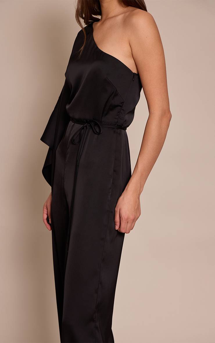Noir Combinaison Satinée Fluide Asymétrique À Une Épaule Avec Ceinture Nouée