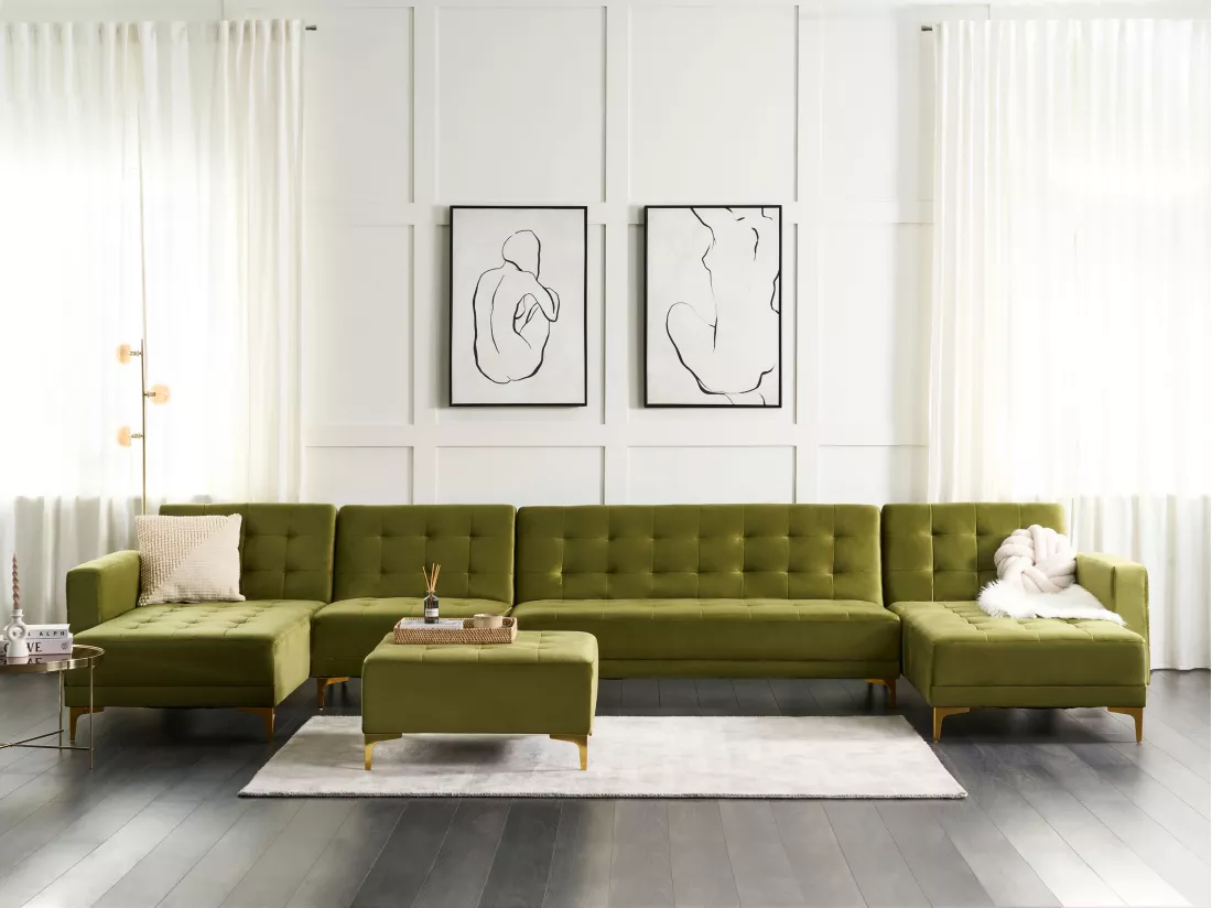 Canapé modulable 6 places en forme de U velours vert avec ottoman ABERDEEN
