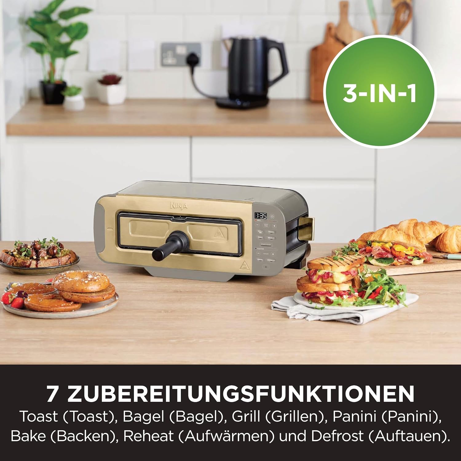 Ninja Foodi 3-in-1 Toaster, Elektrogrill mit Deckel, Panini-Presse mit Flip-Design, 7 Kochfunktionen, 7 Toastlinien, Backblech und Krümelschale, Stone Gold, ST202EUSTGD