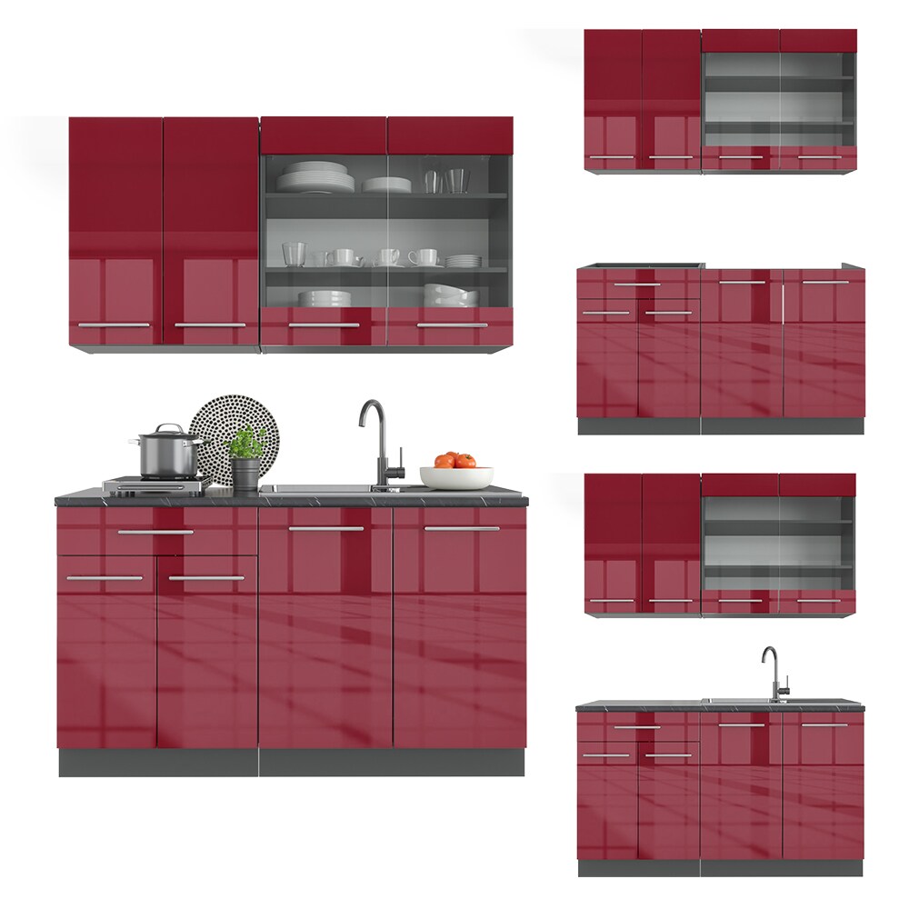 Vicco Küchenzeile Single Einbauküche 140 cm Küchen Bordeaux Hochglanz Fame-Line