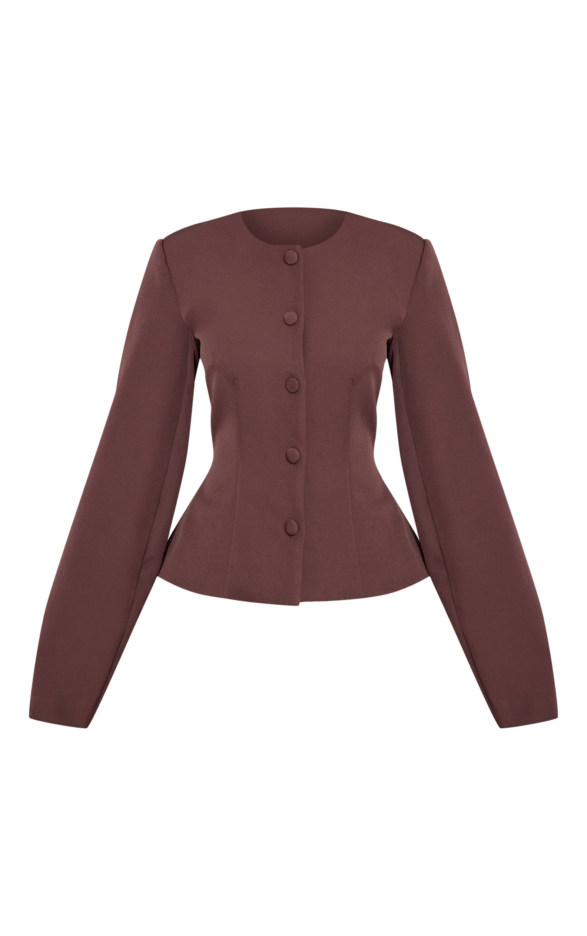 Chocolat Blazer Coordonné Petite Tissé À Taille Cintrée Manches Cocon Et Boutonnage