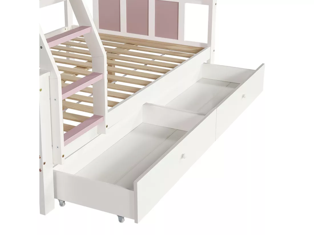 Lit superposé, lit d'enfant,avec barrière de sécurité de couleur contrastée,avec fenêtre,avec décoration de nuages,avec échelle inclinée à quatre marches et tiroirs,pin+MDF,blanc+rose,90x200cm+120x200cm,Sans matelas
