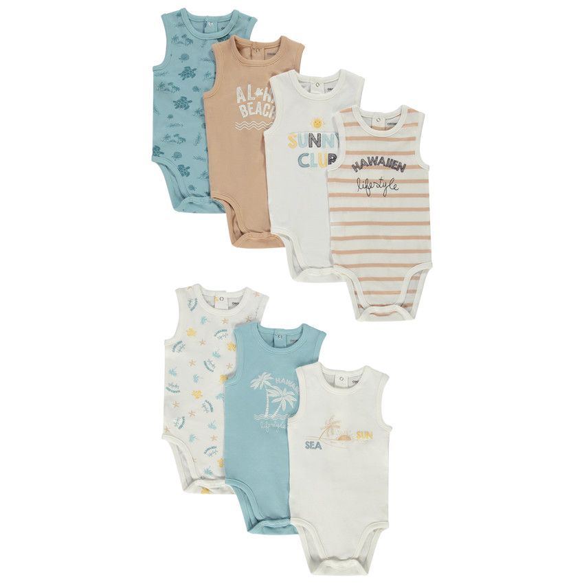 Lot de 7 bodies débardeurs en jersey print Hawaii pour bébé garçon - Ecru