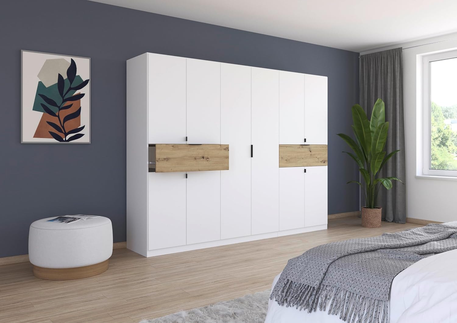 Rauch Möbel Ticao, Drehtürenschrank, Kleiderschrank, Kleiderschränke, Garderobe, Schrank mit Stauraum, 10-türig, 2 Schubladen, inkl. Türdämpferset, Farbe Weiß-Eiche Artisan, Holz, 271x210x54cm