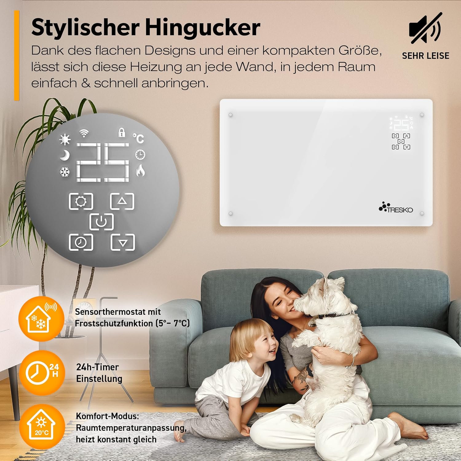 TRESKO® Glaskonvektor 2000W APP WiFi Funktion | Elektroheizung Glasheizung elektrisch | Konvektor Heizung Heizkörper LED-Display & Timer | Elektroheizkörper Stand- oder Wand Heizung