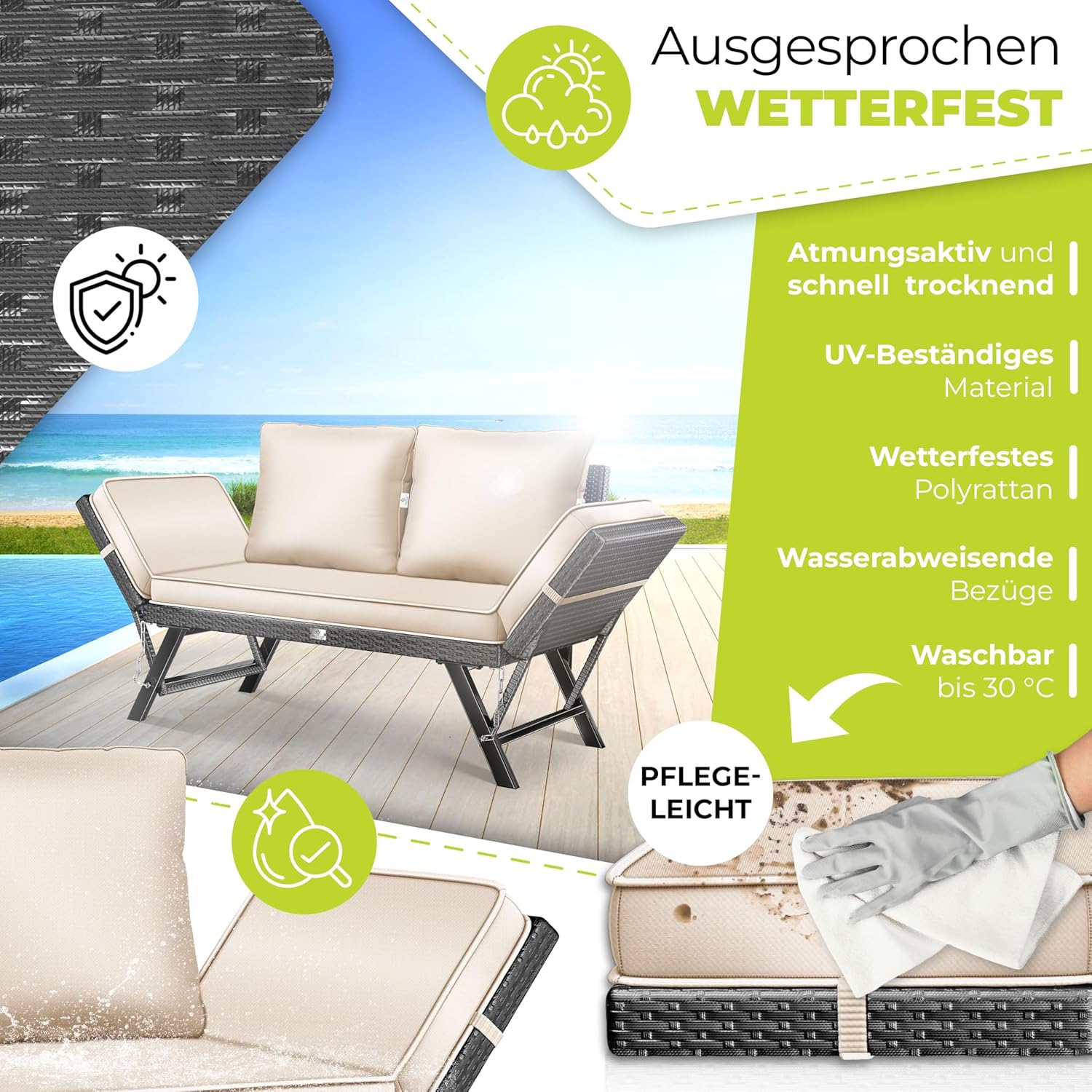 KESSER® Gartenbank Polyrattan Luna mit Liegefunktion Gartensofa 4 in 1 Verstellfunktion Gartencouch Wetterfest Balkonsofa Verstellbare Armlehnen, Extra Dicke & Weiche Polsterung Garten/Balkon/Terrasse