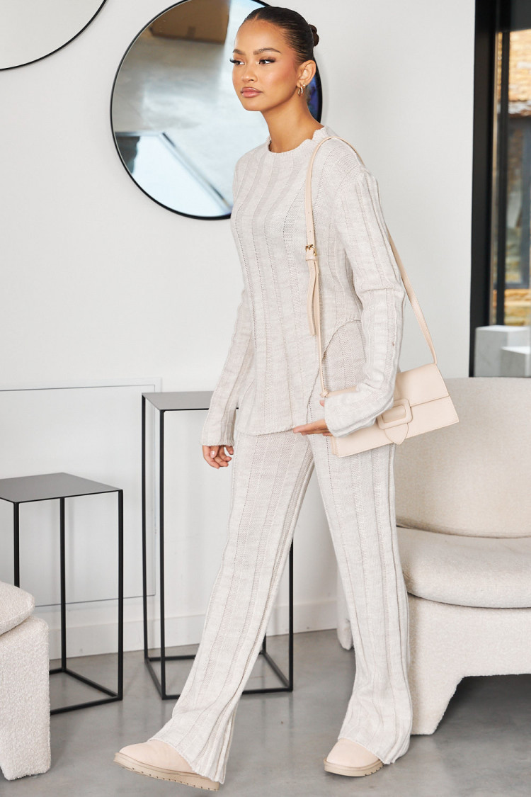 Ensemble 2 pièces pull + pantalon en maille beige