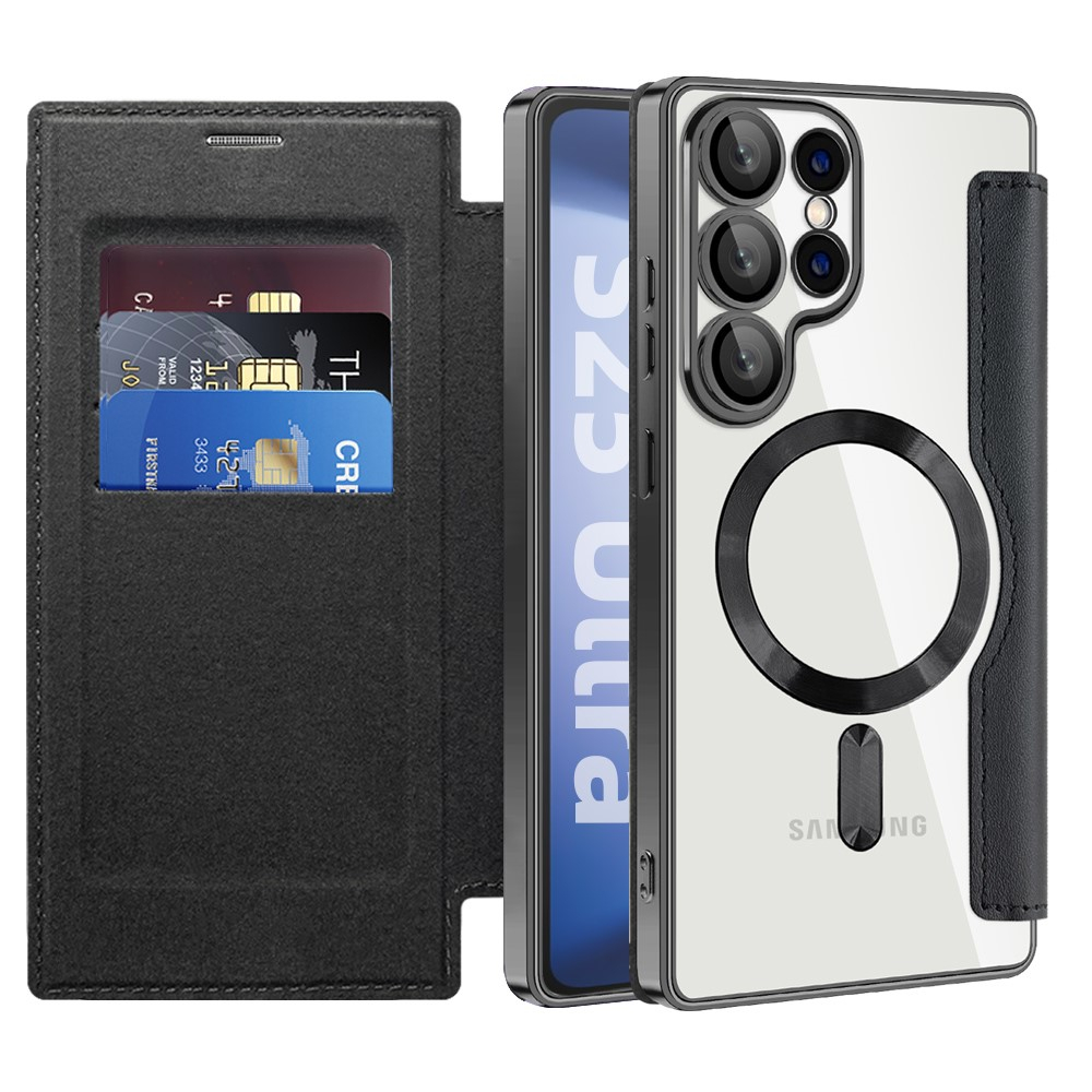 Samsung Galaxy S25 Ultra Hybrid Leder Tasche   Kunststoff Rückseite MagSafe-Modul mit Steppmuster (RFID Schutz) - Schwarz / Transparent