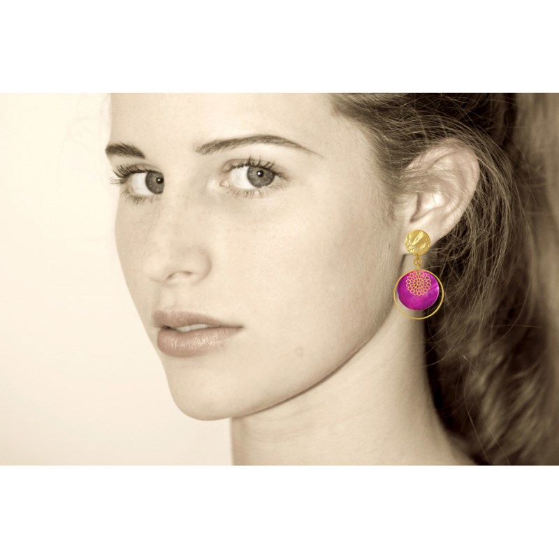 Boucles d'Oreilles Clip Métal Doré Cercle et Pastille de Nacre
