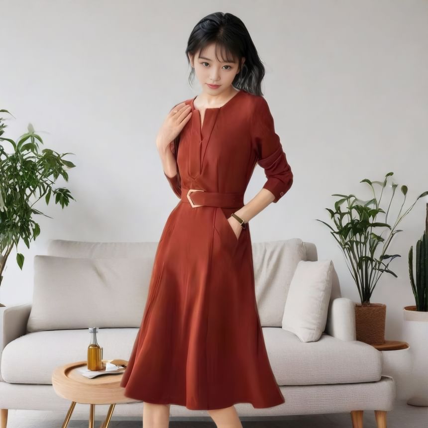 Jeonseon - Lange mouwen V-hals effen midi A-lijn jurk met riem