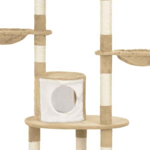 Arranhador bege para gatos com hastes de sisal.