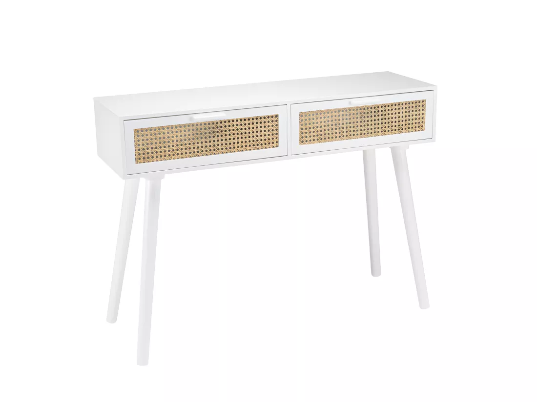 SANDRO - Console blanche 2 tiroirs cannage naturel