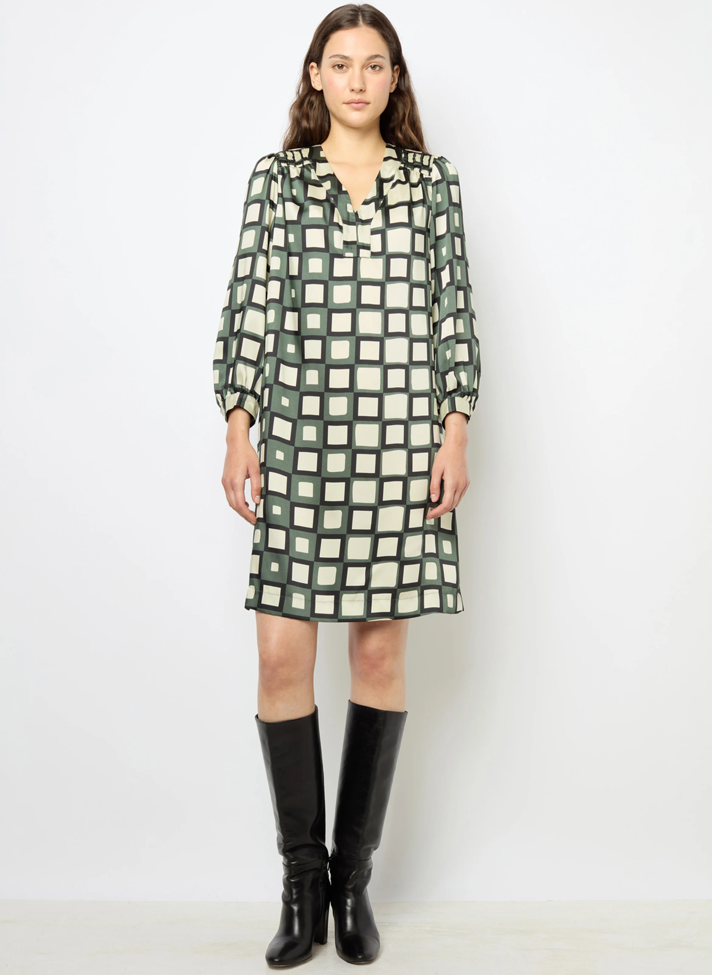 SASKIA - Robe midi imprimée | Kaki