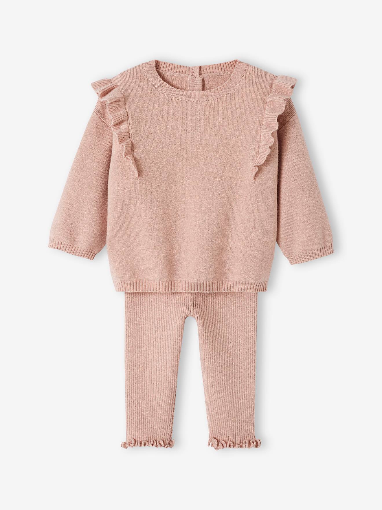 Conjunto de tricô para bebê: suéter + leggings rosa-maquiagem