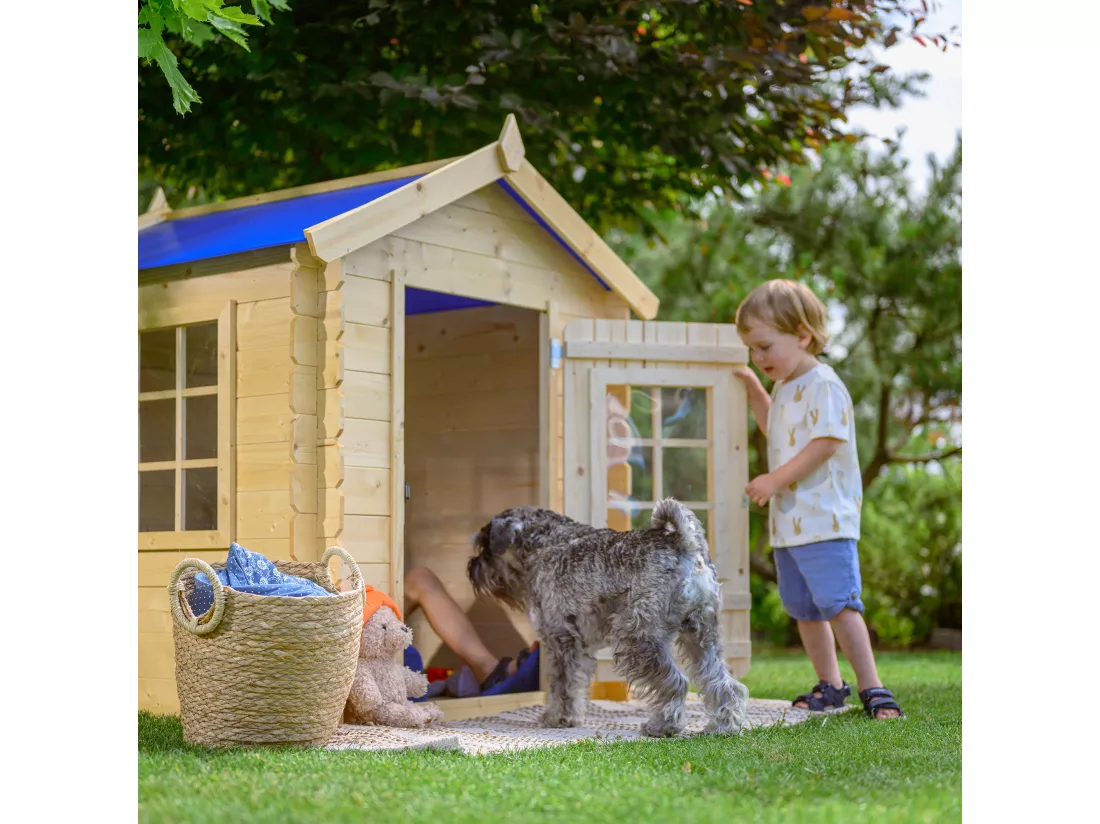 Timbela M570M-1 Maison en bois pour enfants -Toit bleu- 111x114xH121cm/0.9 m2