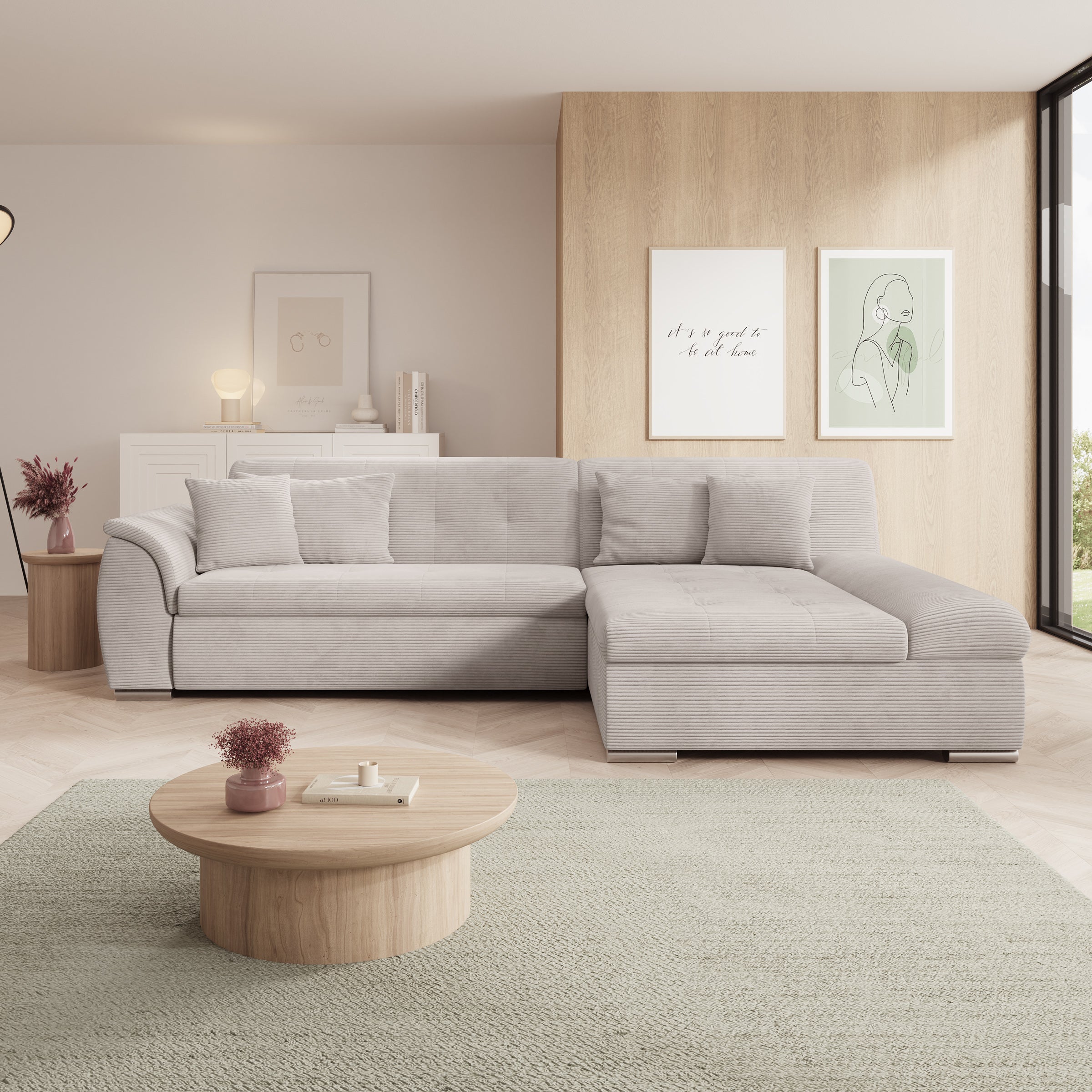 Alberta - Hoekbank 3-zits met slaapfunctie - Ribstof beige - Rechts - 286x170x80 cm