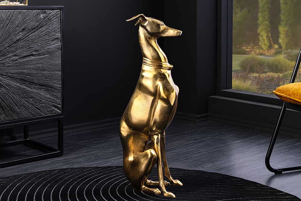 Design Skulptur GREYHOUND 70cm gold Metall Aluminium Windhund Figur