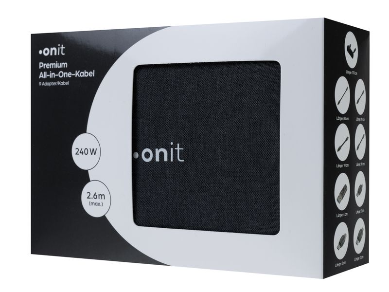 onit USB-Kabel All-in-One Premium 240 W, 2.6 m USB-Kabel mit Adaptern für alle Geräte und Anwendungen