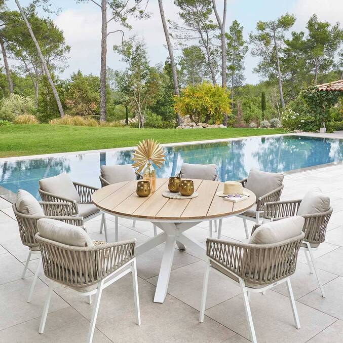 Table de jardin ronde ORIENGO Acacia & Blanc