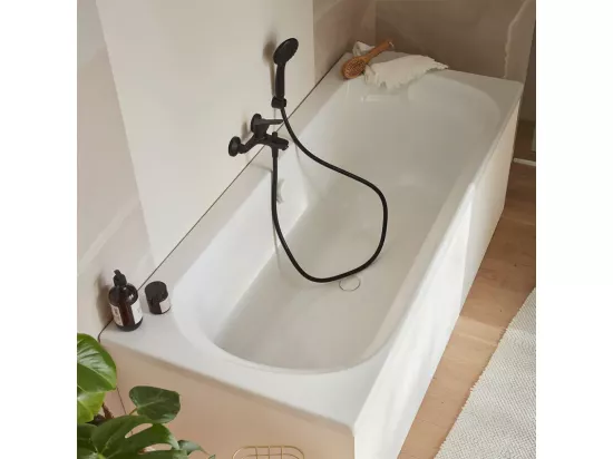 Pack baignoire droite 180 x 80 JACOB DELAFON Elise + tablier niche + mitigeur bain Aimé noir + pare bain noir mat + vidage