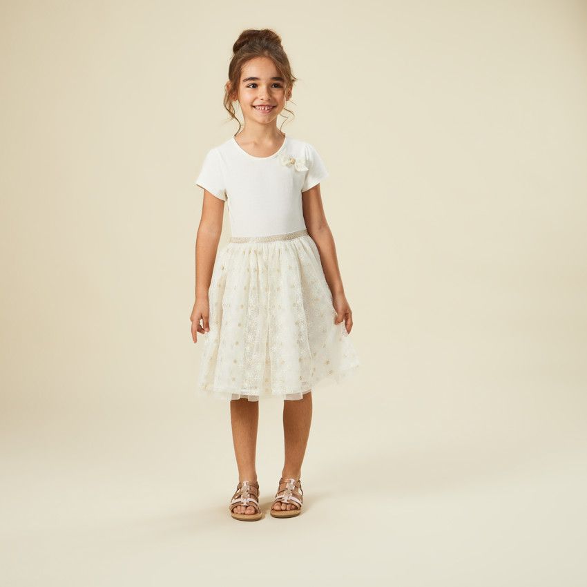 Robe de cérémonie manches courtes effet 2 en 1 en tulle brodé pour fille - Ecru